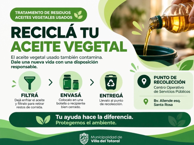 Villa del Totoral promueve el reciclaje de aceite vegetal usado